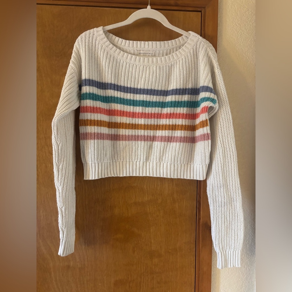 Aeropostale Women's White Sweater with Multicolor Stripes